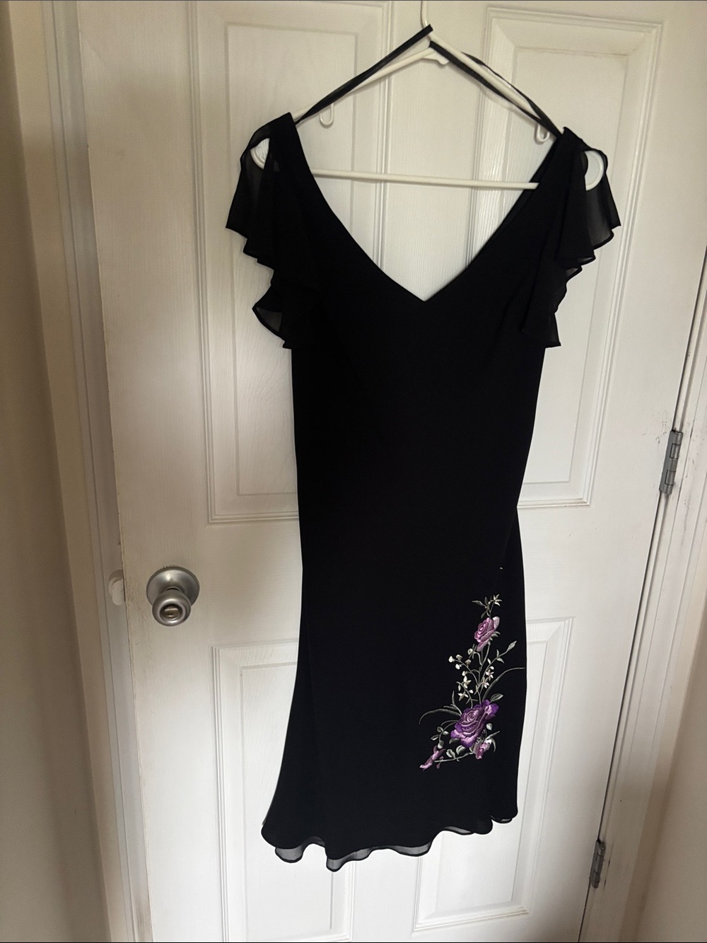 Dress Barn Black Midi Dress with Purple Floral Embroidery